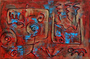 Tableau contemporain abstrait rouge bleu or