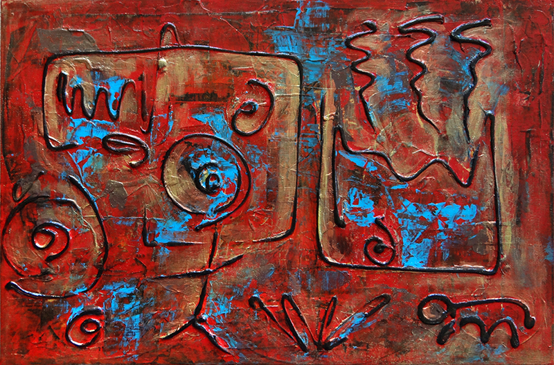 Tableau contemporain abstrait rouge bleu or