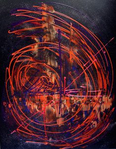 Tableau contemporain abstrait noir rouge orange et violet