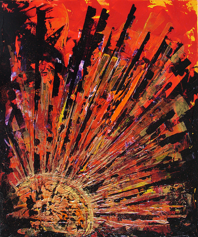Tableau contemporain abstrait soleil rouge noir et or
