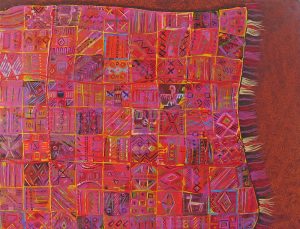 Tableau contemporain abstrait tissu d’Amérique latine marron rose rouge et jaune