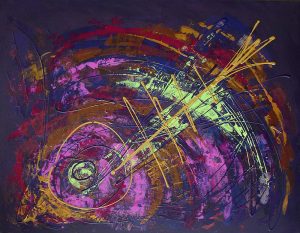Tableau contemporain abstrait arrête de poisson sur fond violet coloré
