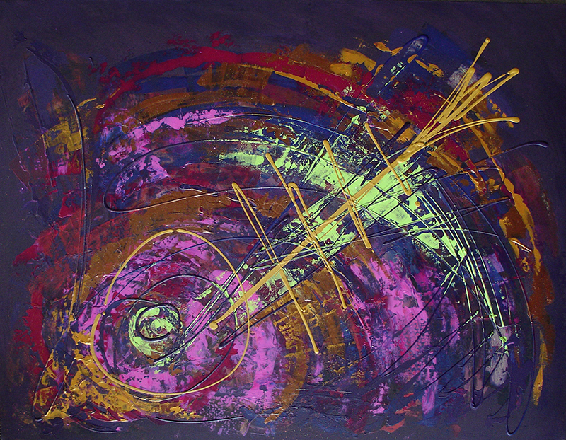 Tableau contemporain abstrait arrête de poisson sur fond violet coloré
