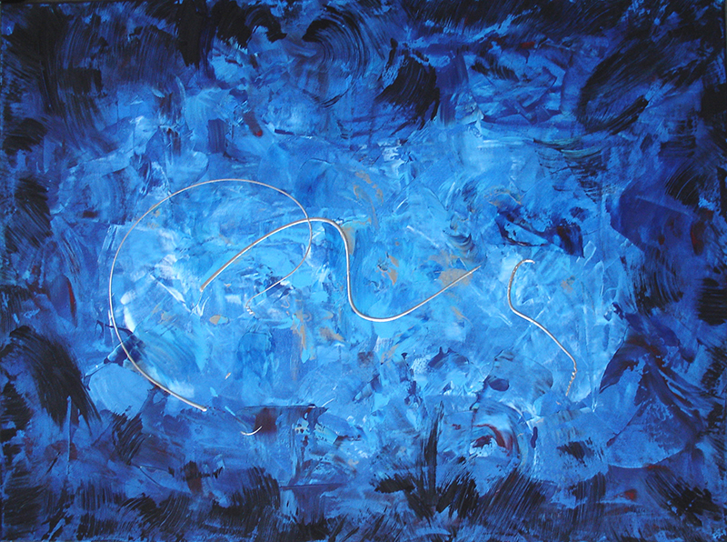 Tableau contemporain abstrait camaïeu de bleu et argent