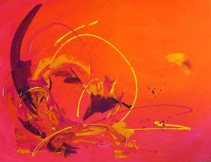 Tableau contemporain abstrait rose orange violet et jaune