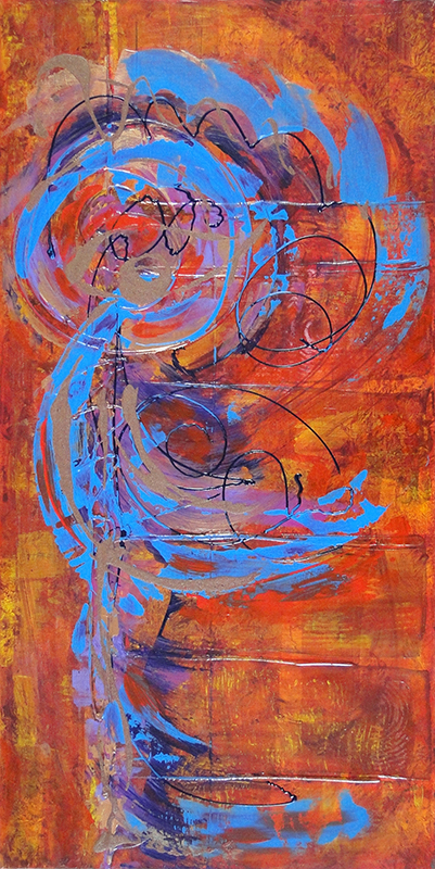 Tableau contemporain abstrait orange cuivre et bleu