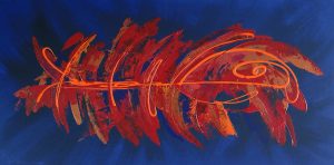 Tableau contemporain abstrait bleu rouge et orange