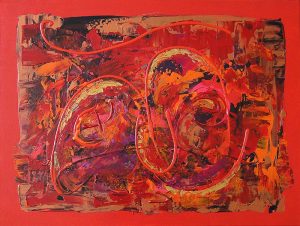 Tableau contemporain abstrait rouge orange cuivre or et rose