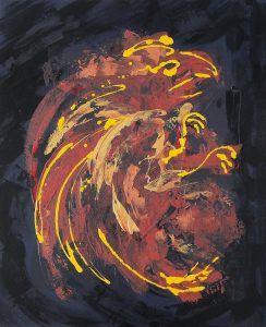 Tableau contemporain abstrait dragon marron jaune sur fond noir