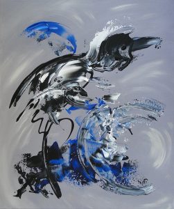 Tableau contemporain abstrait oiseau noir bleu blanc gris