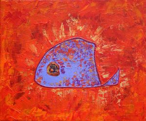 Tableau contemporain abstrait poisson rouge orangé or et violet lavande