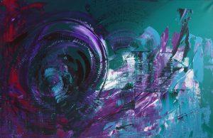 Tableau contemporain abstrait violet bleu-vert et blanc
