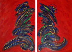Tableau contemporain acrylique abstrait rouge et bleu