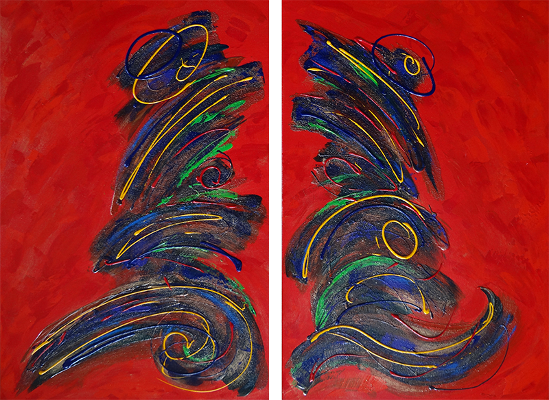 Tableau contemporain acrylique abstrait rouge et bleu