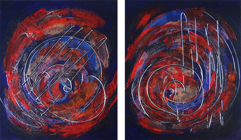 Tableau contemporain diptyque abstrait bleu rouge noir