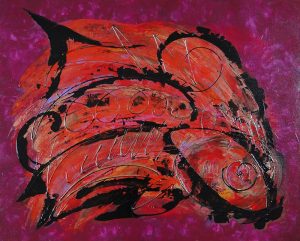 Tableau contemporain abstrait poissons rouge violet noir