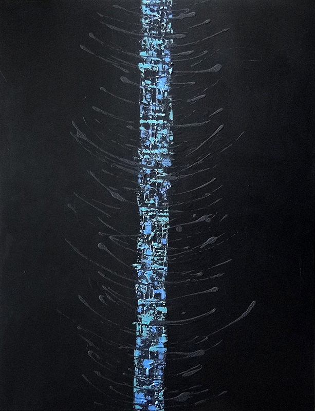 Tableau contemporain abstrait noir et bleu métallisé