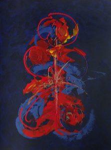 Tableau contemporain abstrait bleu nuit, bleu moyen et rouge
