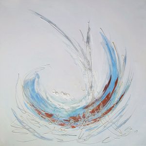 Tableau contemporain abstrait blanc, bleu ciel et cuivre