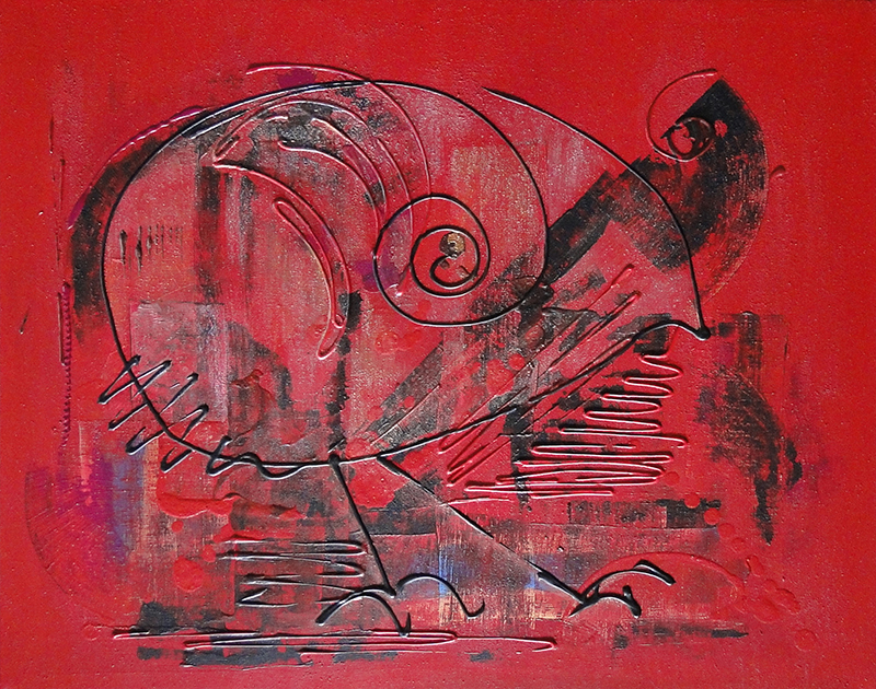 Tableau contemporain abstrait shadok rouge et noir