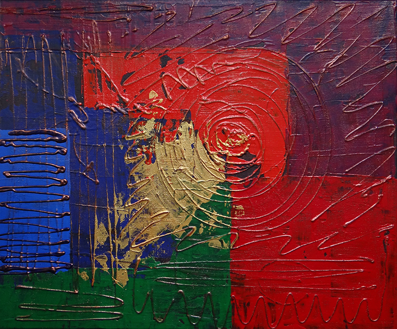 Tableau contemporain abstrait rouge bleu vert or